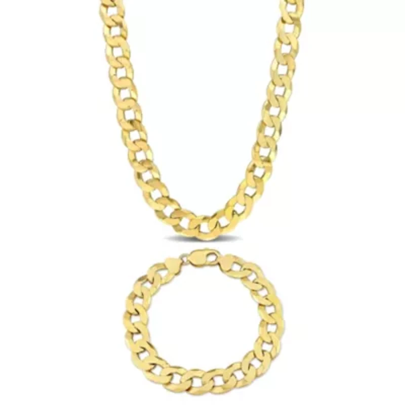 2-Pc Set of Men's 12.5mm Flat Curb Link Chain Necklace & Bracelet in Yellow Plated Sterling Silver