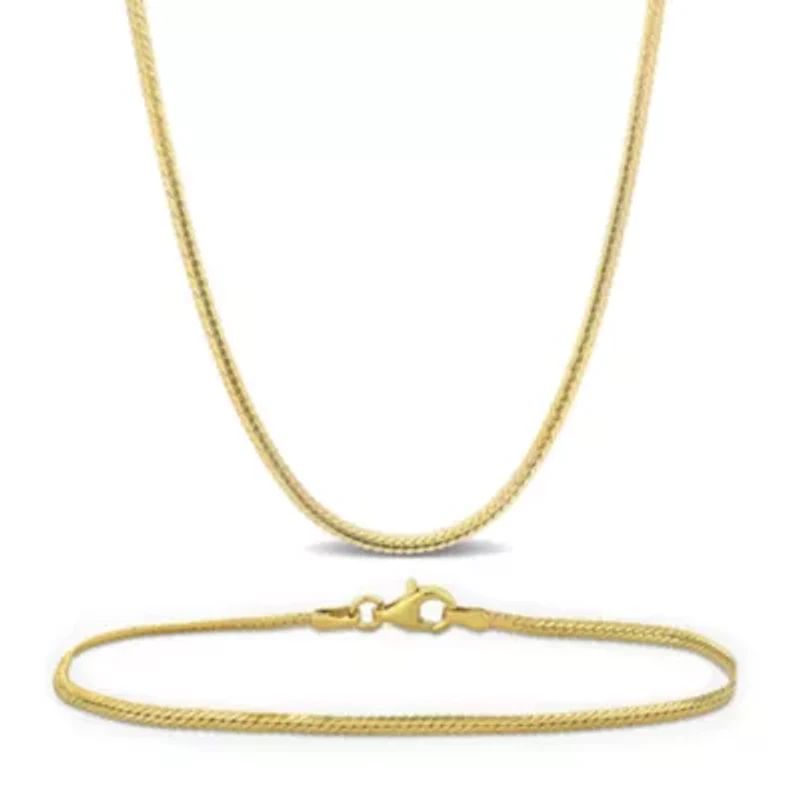 2-Pc Set of 2mm Herringbone Chain Necklace & Bracelet in Yellow Plated Sterling Silver