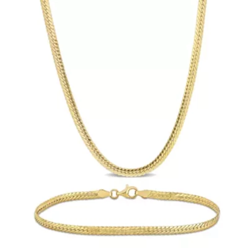 2-Pc Set of 3mm Herringbone Necklace & Bracelet in Yellow Plated Sterling Silver