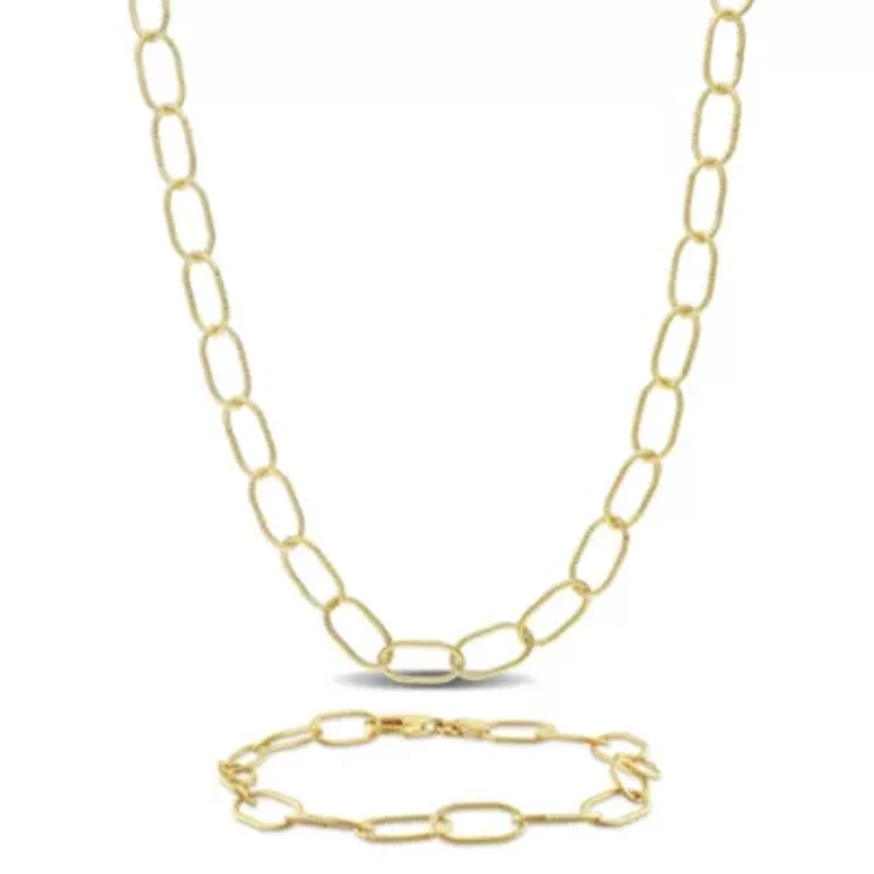 2-Pc Set of Men's Rolo Chain Link Necklace & Bracelet in Yellow Plated Sterling Silver