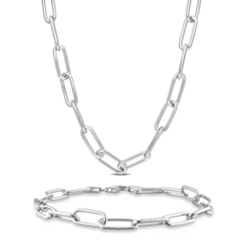 2-Pc Set of 6mm Polished Paperclip Chain Necklace & Bracelet in Sterling Silver