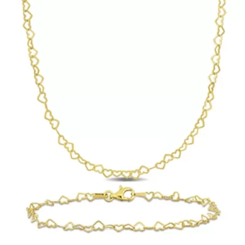 2-Pc Set of 3mm Heart Link Necklace & Bracelet in Yellow Plated Sterling Silver