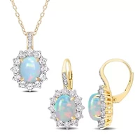 2-Piece Set of Blue Opal, White Topaz, & Diamond Accent Necklace & Earrings in Yellow Plated Sterling Silver