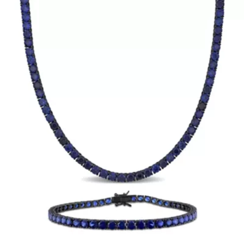 Lab Created 2-Pc Set of Men's Created Blue Sapphire Tennis Necklace & Bracelet in Sterling Silver with Black Rhodium