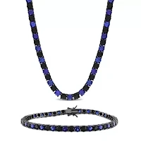 Lab Created 2-Pc Set of Men's Created Blue & Black Sapphire Tennis Necklace & Bracelet in Sterling Silver with Black Rhodium