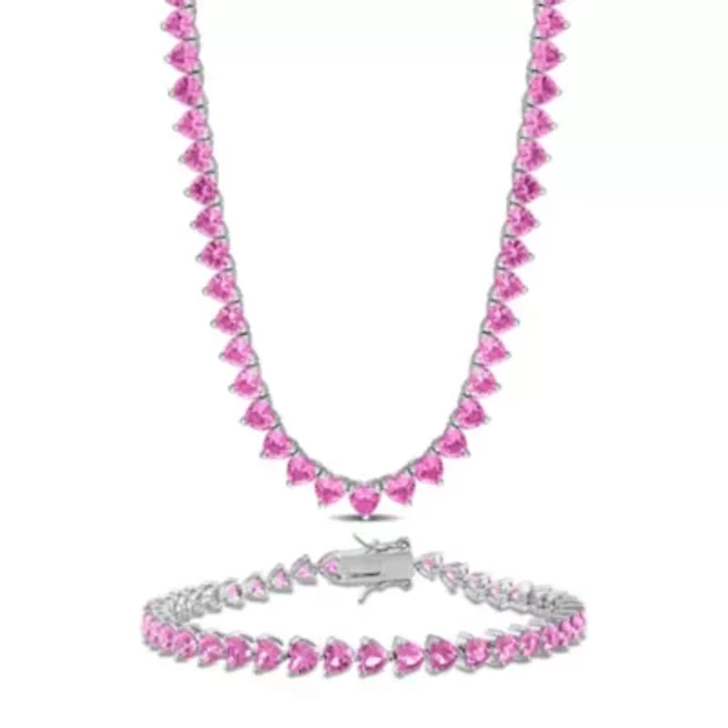 Lab Created 2-Piece Set of Created Pink Sapphire Necklace & Bracelet in Sterling Silver