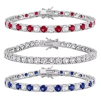 Lab Created 3-Piece Set of Created Blue, White Sapphire & Ruby Bracelets in Sterling Silver