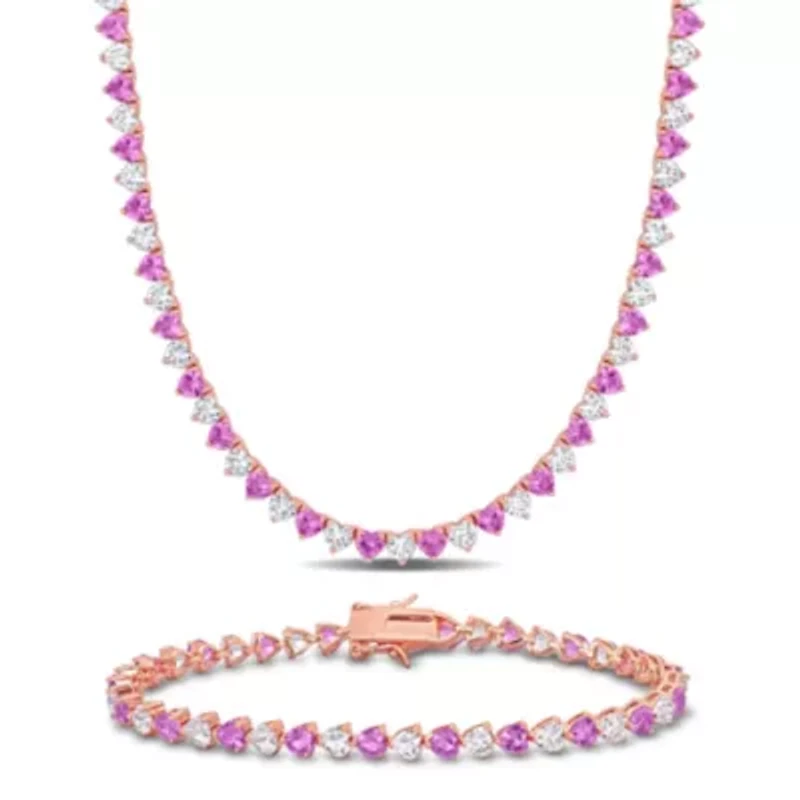 Lab Created 2-Piece Set of Created Pink & White Sapphire Necklace & Bracelet in Rose Plated Sterling Silver