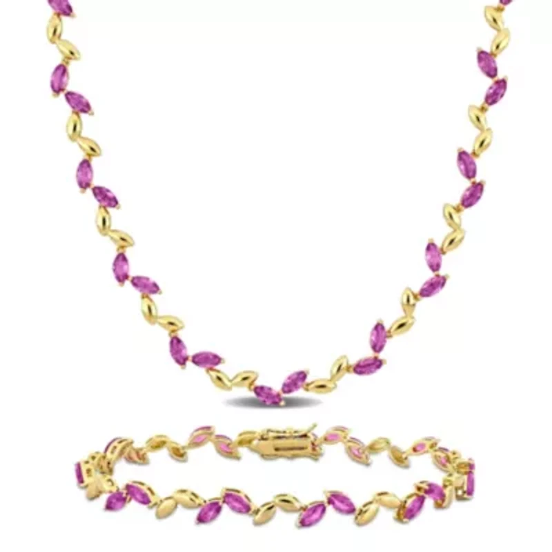 Lab Created 2-Piece Set of Created Pink Sapphire Leaf Necklace & Bracelet in Yellow Plated Sterling Silver