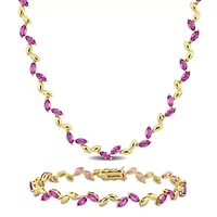 Lab Created 2-Piece Set of Created Pink Sapphire Leaf Necklace & Bracelet in Yellow Plated Sterling Silver