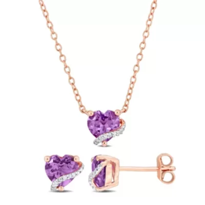 2-Pc Set of Amethyst & Diamond Accent Heart Stud Earrings & Swirl Pendant in Rose Plated Sterling Silver