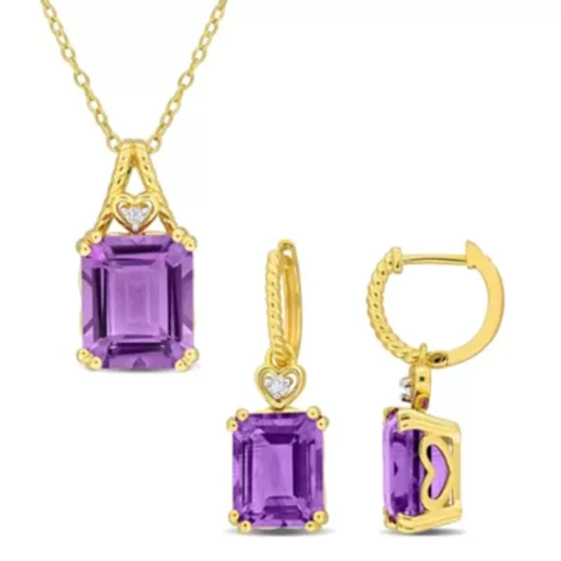 2-Pc Set of Amethyst & White Topaz Heart Earrings & Pendant in Yellow Plated Sterling Silver