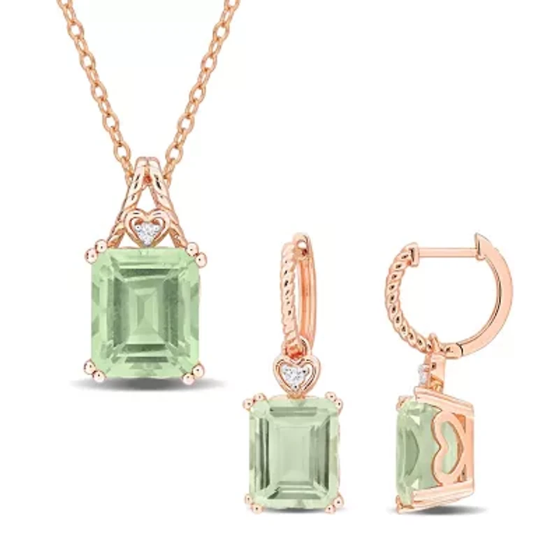 2-Pc Set of Green Quartz & White Topaz Heart Earrings & Pendant in Rose Plated Sterling Silver