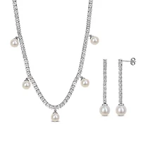 Lab Created Created White Sapphire & Cultured Freshwater Pearls Set of Drop Earrings & Charm Necklace in Sterling Silver