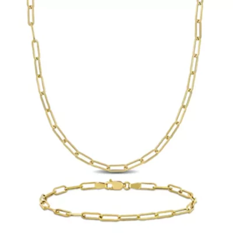 2-Piece Set of Mens 3.3mm Polished Paperclip Chain Necklace and Bracelet Set 14k Yellow Gold, 24" & 9"