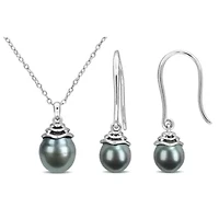 2-Piece Set Of 8-9.5mm Black Tahitian Cultured Pearl Earrings & Pendant With Chain in Sterling Silver