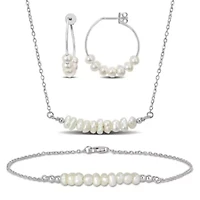 3-Piece Set Freshwater Cultured Pearl Bracelet, Earrings & Necklace in Sterling Silver