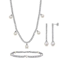 Lab Created Created White Sapphire & Freshwater Cultured Pearls Earrings, Bracelet & Necklace Set in Sterling Silver