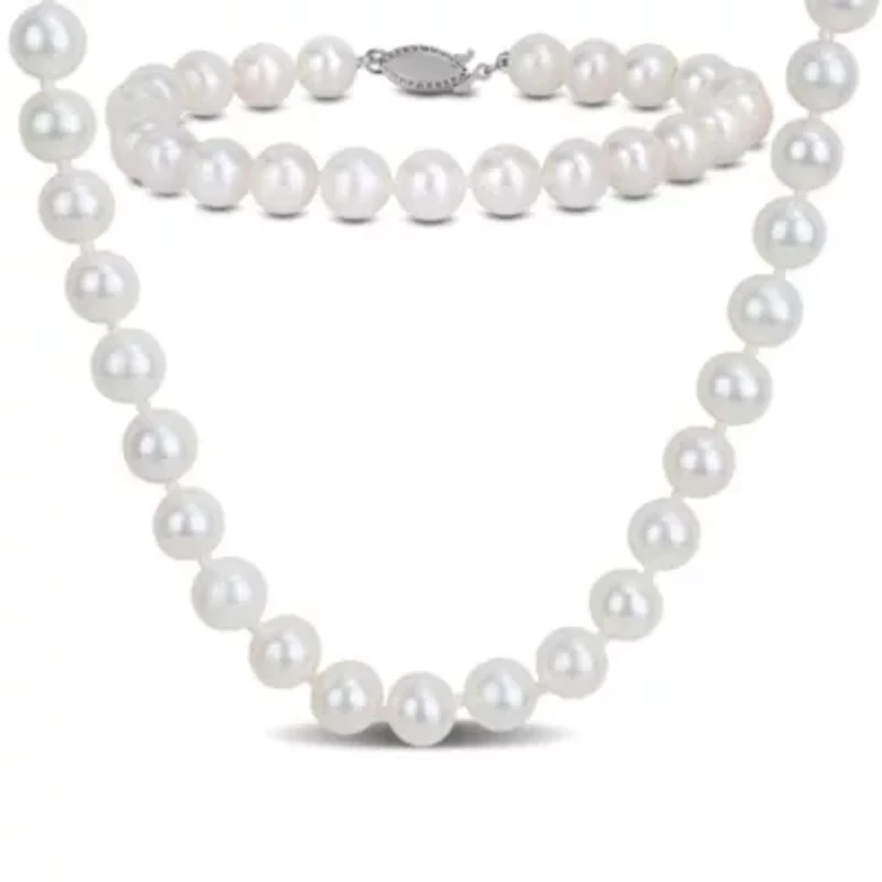 2-Pc Set of 7-7.5mm Freshwater Cultured Pearl Necklace &  Bracelet in Sterling Silver