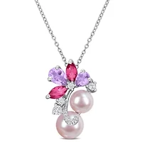 Rose De France, Pink & White Topaz & Pink Freshwater Cultured Pearl Pendant With Chain in Sterling Silver