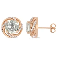 Green Quartz & White Topaz Post Earrings in Rose Plated Sterling Silver