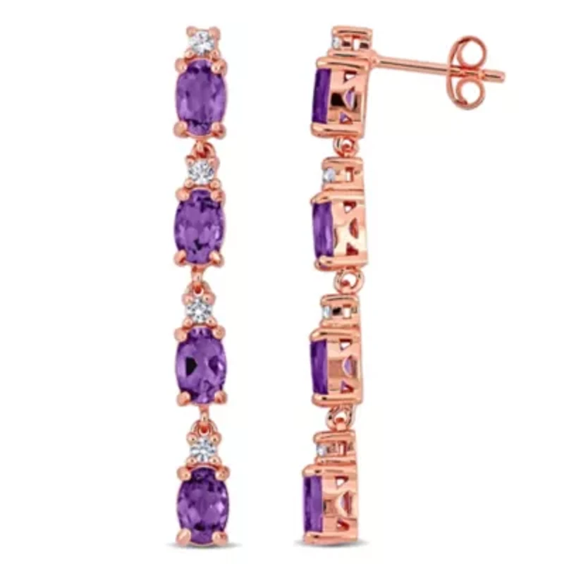 Amethyst & White Topaz Drop Earrings in Rose Plated Sterling Silver