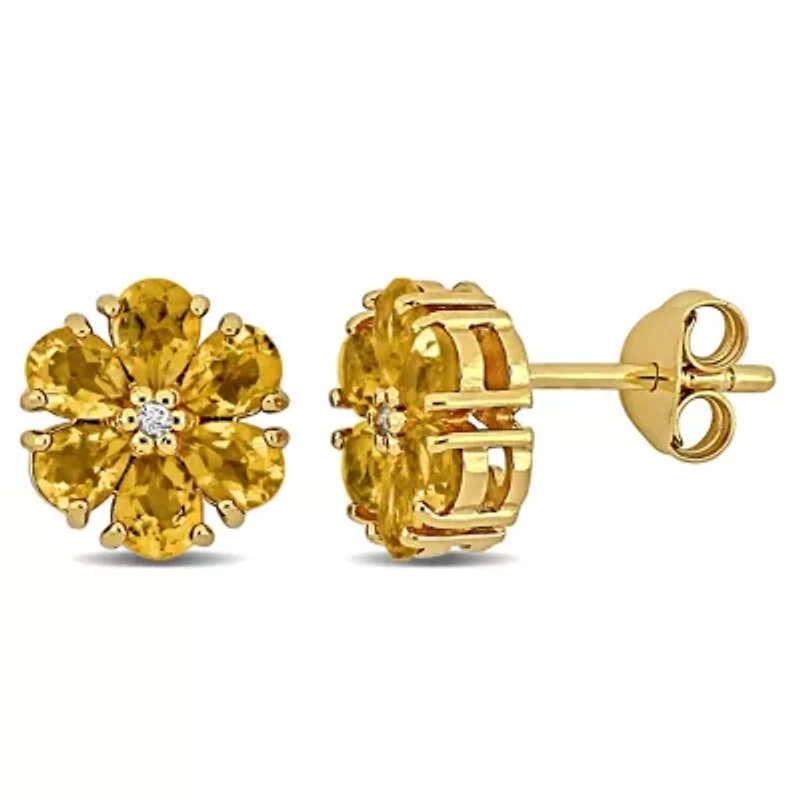 Citrine & White Topaz Flower Design Stud Earrings in Yellow Plated Sterling Silver