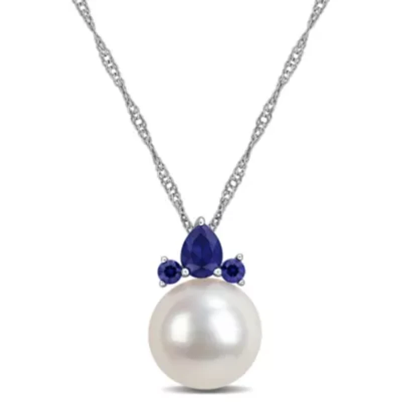 Lab Created Pearl & Gemstone Floral Drop Pendant with Chain