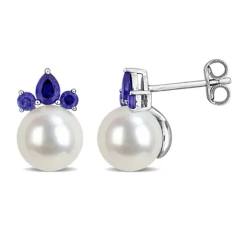 Lab Created Pearl & Gemstone Floral Drop Earrings