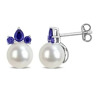 Lab Created Pearl & Gemstone Floral Drop Earrings