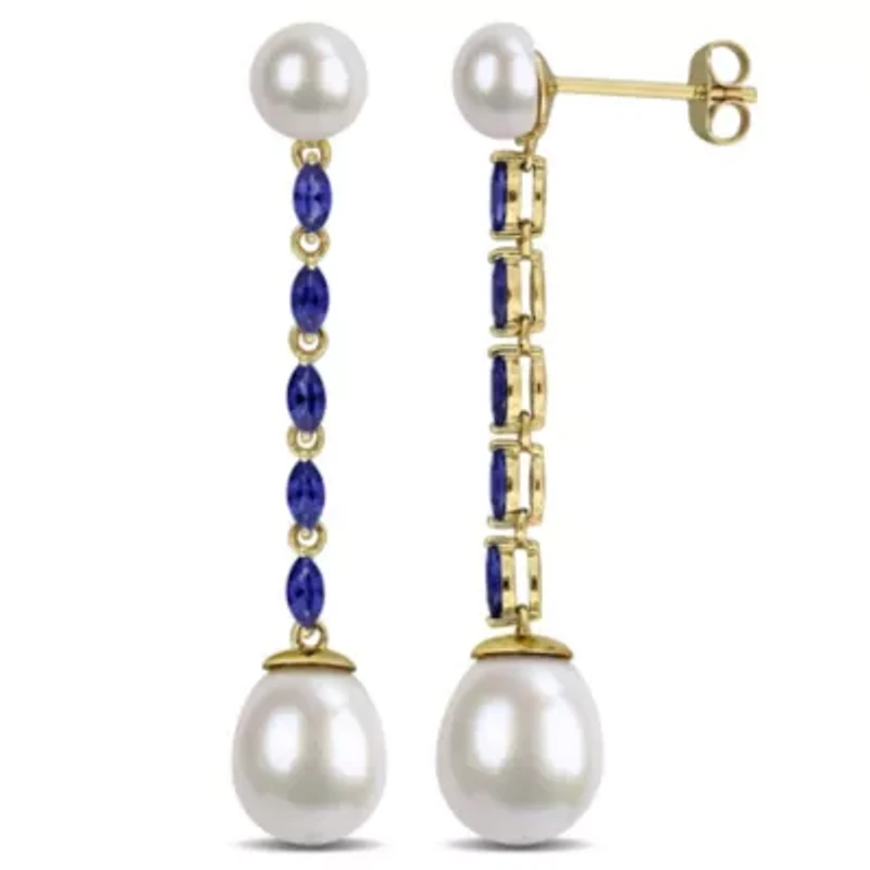 Lab Created Created Blue Sapphire & Freshwater Cultured Pearl Post Earrings in 10K Yellow Gold
