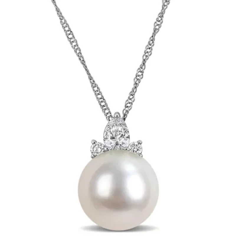 Diamond & 8-8.5mm White South Sea Cultured Pearl Pendant with Chain in 14K White Gold