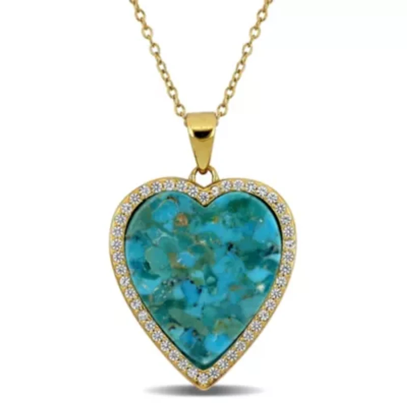 Lab Created Created White Sapphire & Compressed Turquoise Necklace in Yellow Plated Sterling Silver