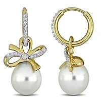 Diamond 9-10mm & White South Sea Cultured Pearl Hoop Earrings in 14K Yellow Gold