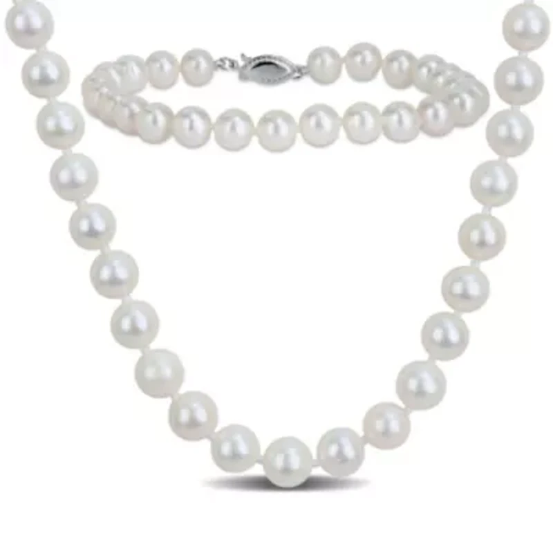 2 Pc Set of 7-7.5mm Freshwater Cultured Pearl Necklace & Bracelet in Sterling Silver