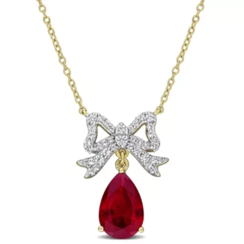 Created White Sapphire Created Ruby Necklace in Yellow Plated Sterling Silver, 17-in