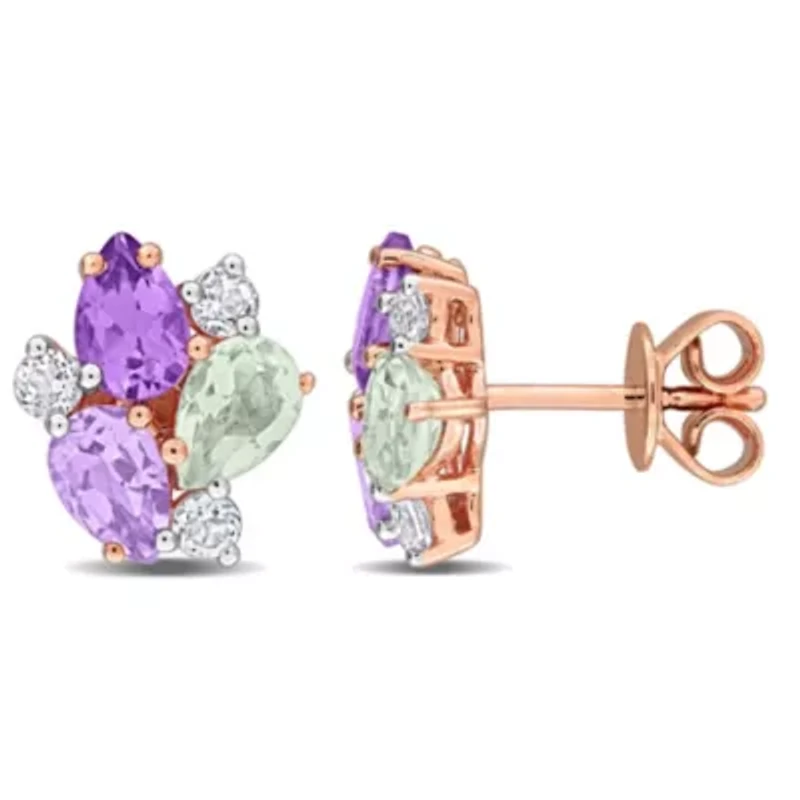 Green Quartz, Rose de France, Amethyst & White Topaz Earrings in Rose Plated Sterling Silver