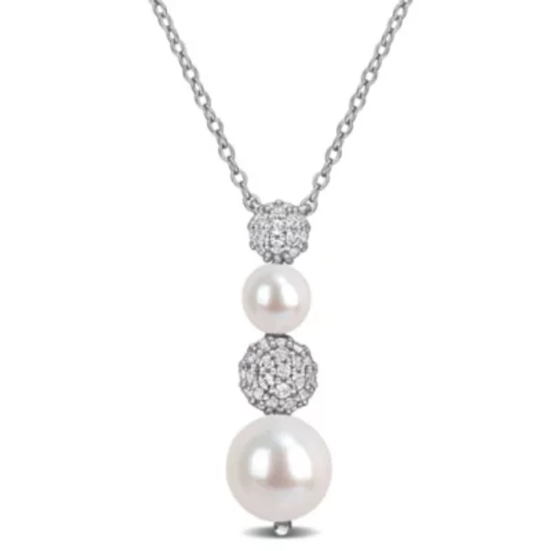 White Topaz & 5-8.5mm Freshwater Cultured Pearl Pendant With Chain in Sterling Silver, 18-in
