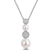 White Topaz & 5-8.5mm Freshwater Cultured Pearl Pendant With Chain in Sterling Silver, 18-in