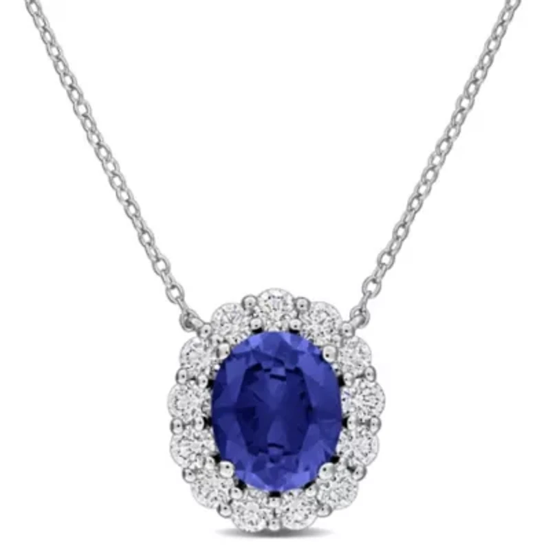 Lab Created Lab Grown Diamond & Created Blue sapphire Pendant With Chain in Sterling Silver, 17"