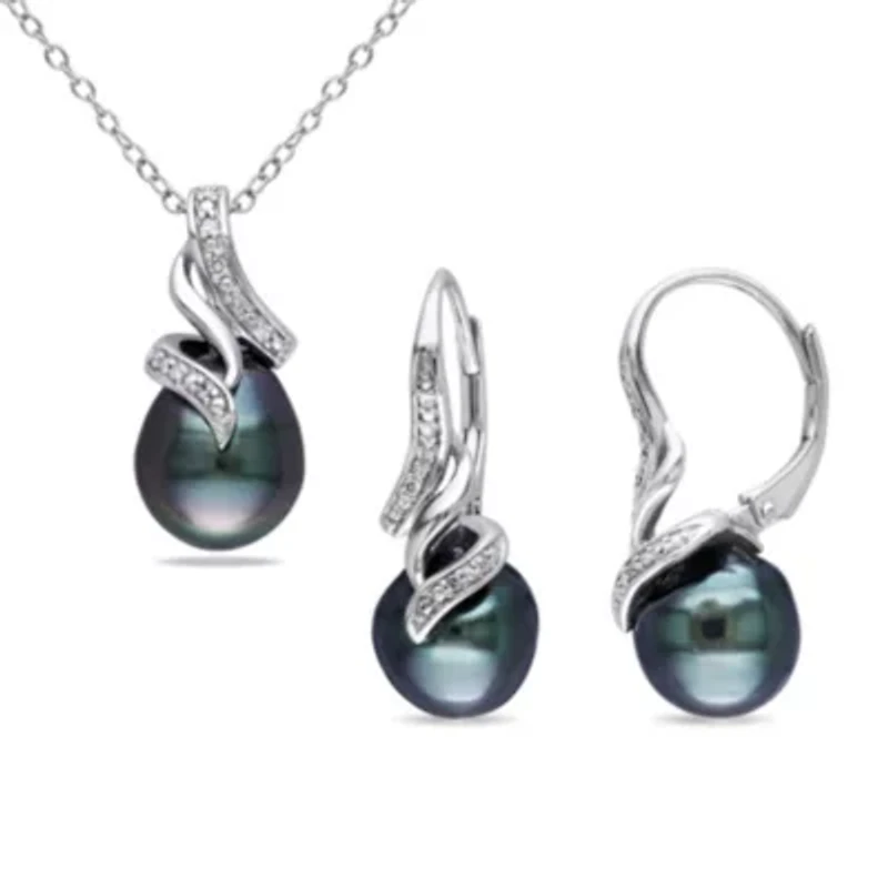2 Piece Set of Diamond & 9-9.5 MM Black Tahitian Cultured Pearl Pendant with Chain & Earrings in Sterling Silver, 18"