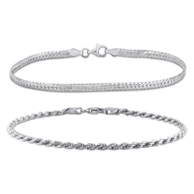 2 Piece Set of Herringbone & Rope Bracelets in Sterling Silver, 7.5"