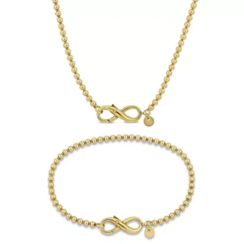 2 Piece Set of Ball Link Infinity Clasp Necklace & Bracelet in Yellow Plated Sterling Silver, 18" & 7.5"