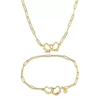 2 Piece Set of Paper Clip Link Double Heart Clasp Necklace & Bracelet in Yellow Plated Sterling Silver, 18" & 7.5"
