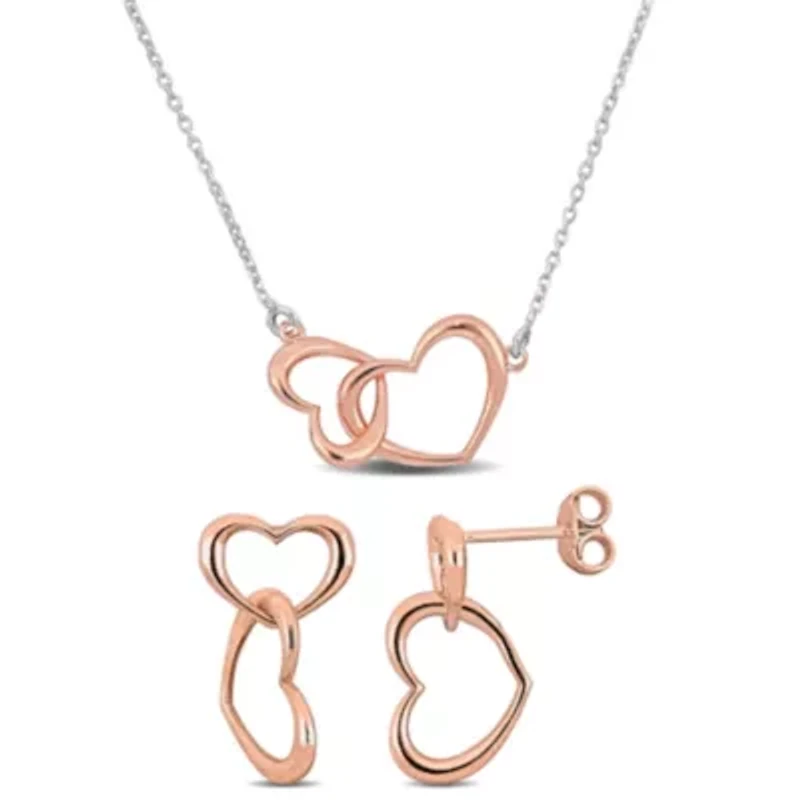 2 Piece Set of Double Heart Charm Earrings & Necklace in Rose & White Plated Sterling Silver - 16.5"+1" Ext.