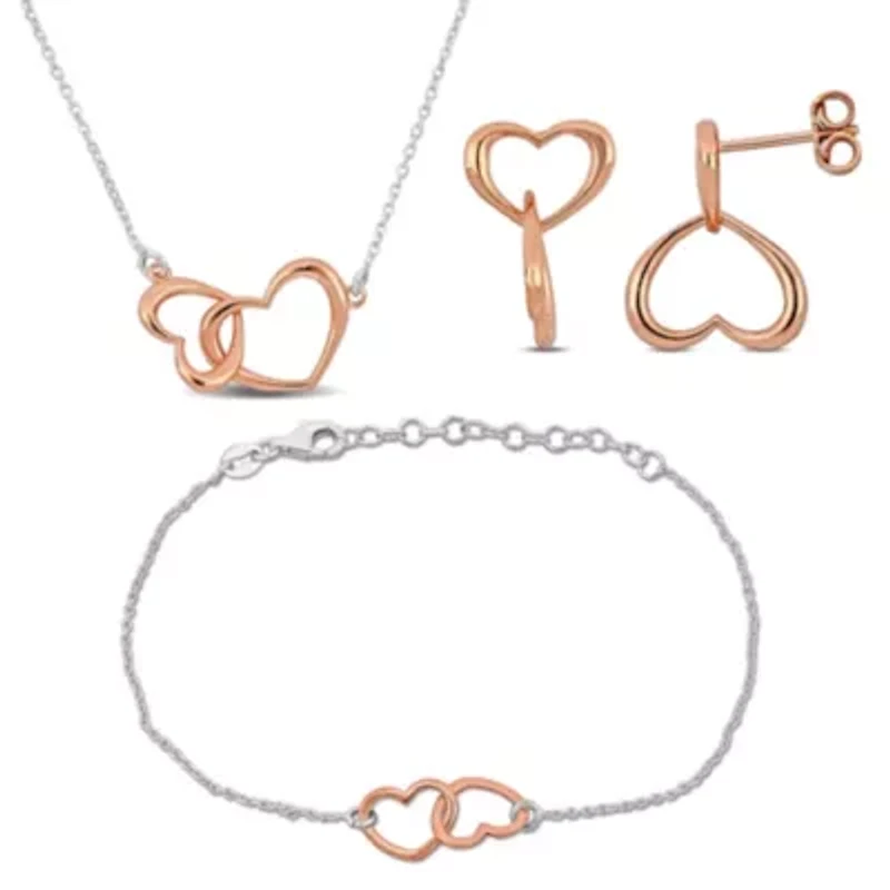 3 Piece Set of Double Heart Charm Necklace, Earrings & Bracelet in Rose & White Plated Sterling Silver, 16.5"+1" Ext. & 7"+1" Ext.