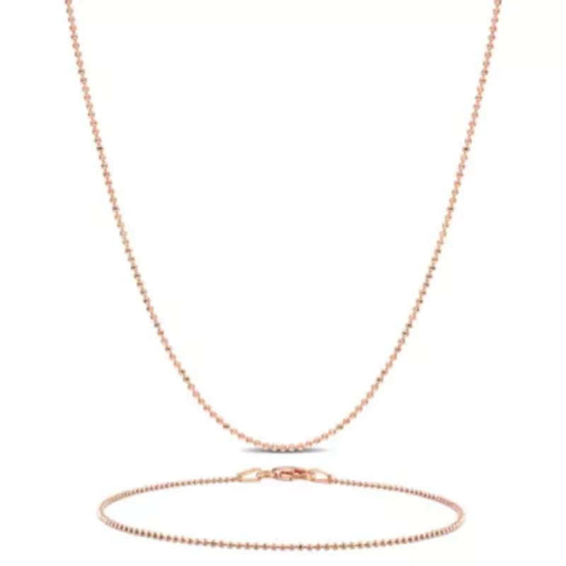 2 Piece Set of 1mm Ball Chain Necklace & Bracelet in Rose Plated Sterling Silver, 16" & 7.5"