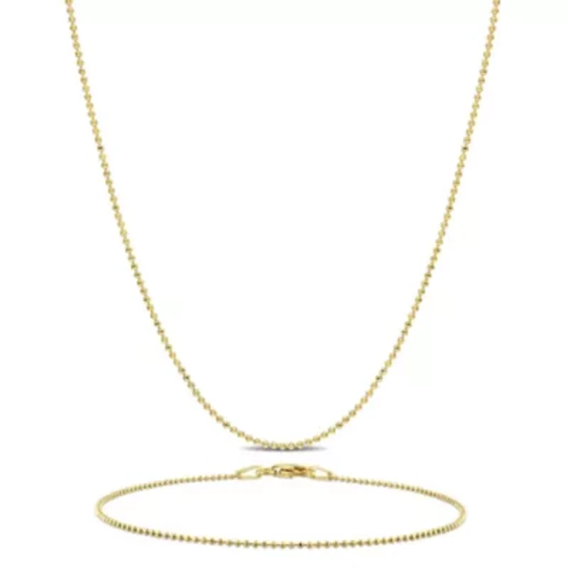 2 Piece Set of 1mm Ball Chain Necklace & Bracelet in Yellow Plated Sterling Silver, 18" & 7.5"