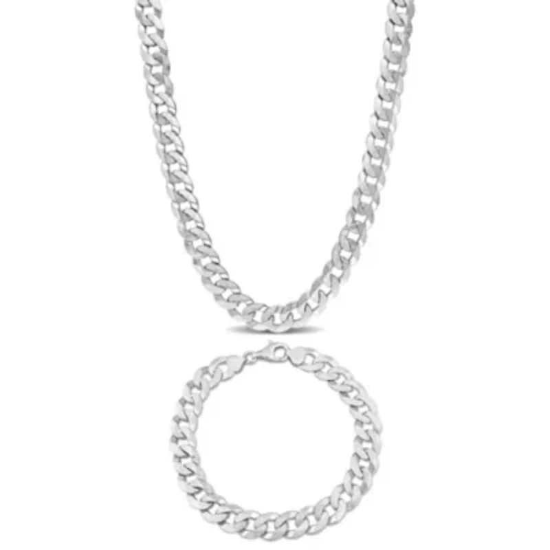 2 Piece Set of Men's 10mm Curb Link Chain Necklace & Bracelet in Sterling Silver, 24" & 9"
