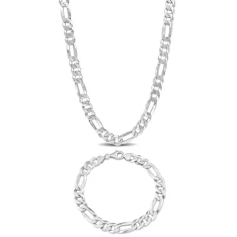 2 Piece Set of Men's 8.9mm Flat Figaro Chain Necklace & Bracelet in Sterling Silver, 22" & 9"